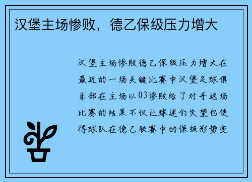 汉堡主场惨败，德乙保级压力增大