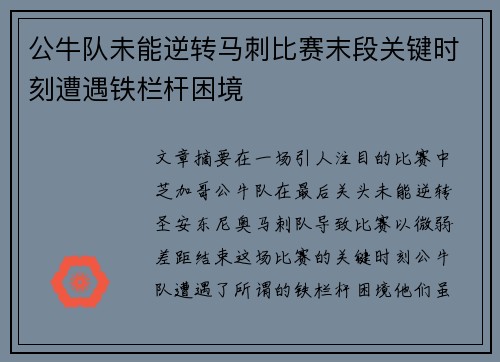 公牛队未能逆转马刺比赛末段关键时刻遭遇铁栏杆困境