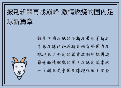 披荆斩棘再战巅峰 激情燃烧的国内足球新篇章