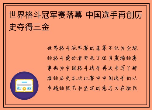 世界格斗冠军赛落幕 中国选手再创历史夺得三金