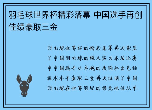羽毛球世界杯精彩落幕 中国选手再创佳绩豪取三金