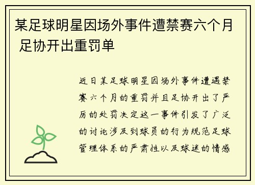 某足球明星因场外事件遭禁赛六个月 足协开出重罚单