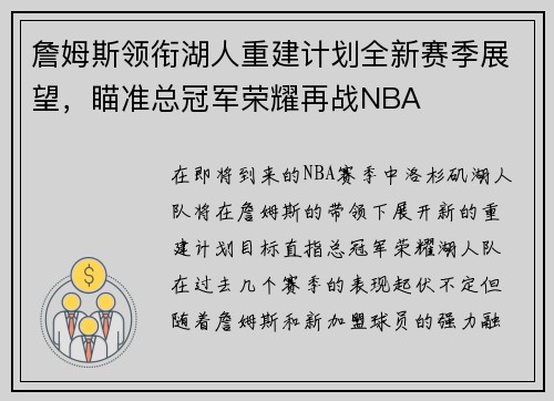 詹姆斯领衔湖人重建计划全新赛季展望，瞄准总冠军荣耀再战NBA