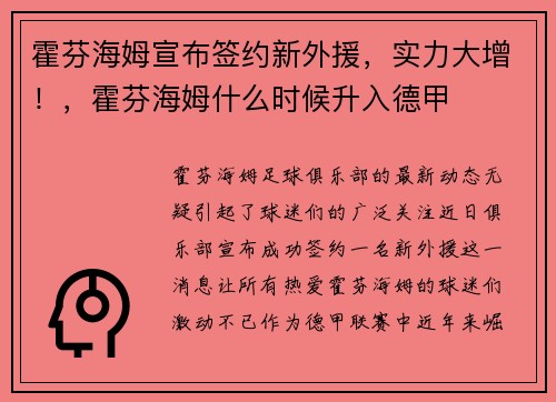霍芬海姆宣布签约新外援，实力大增！，霍芬海姆什么时候升入德甲